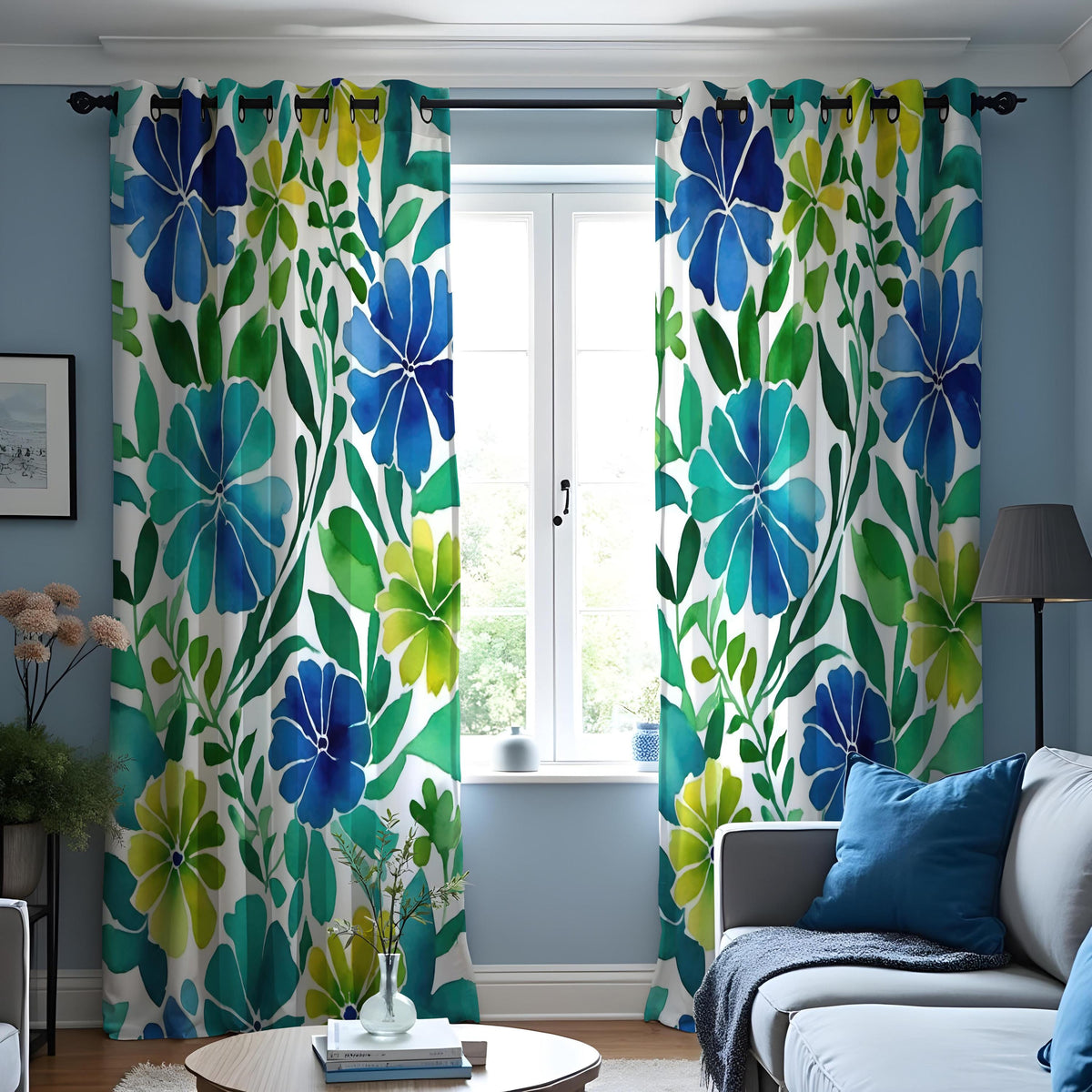Blue & Green Tropical Floral Curtains, Summer Drapes
