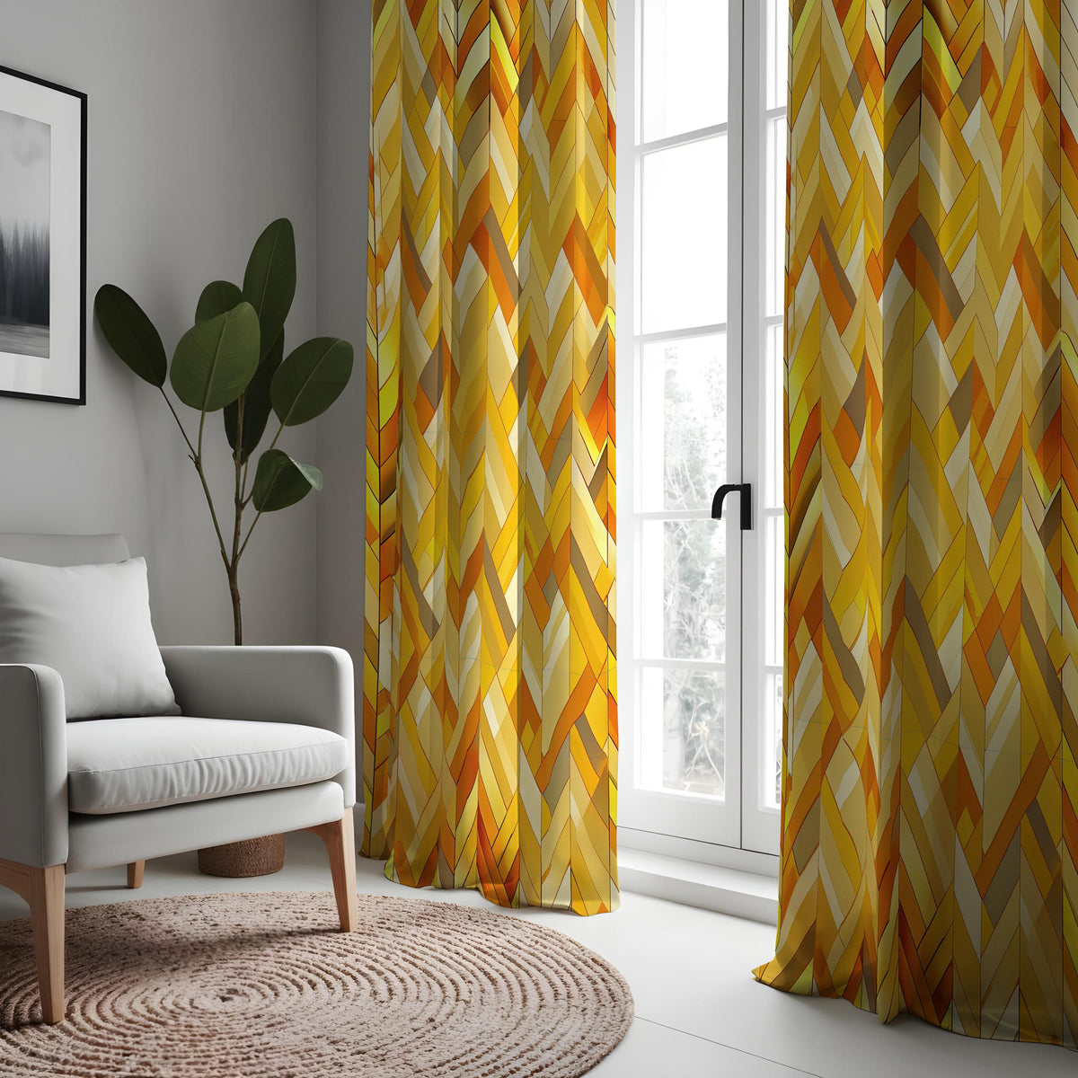 Yellow Orange Chevron Curtains, Retro Geometric Drapes