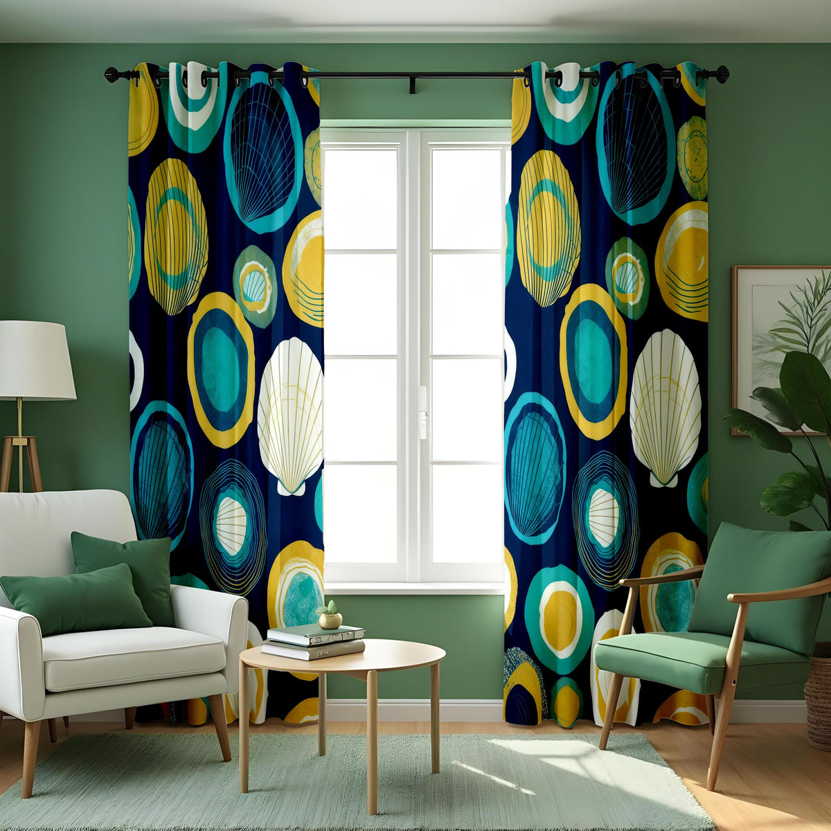 Navy & Teal Nautical Shell Curtains, Coastal Beach Drapes