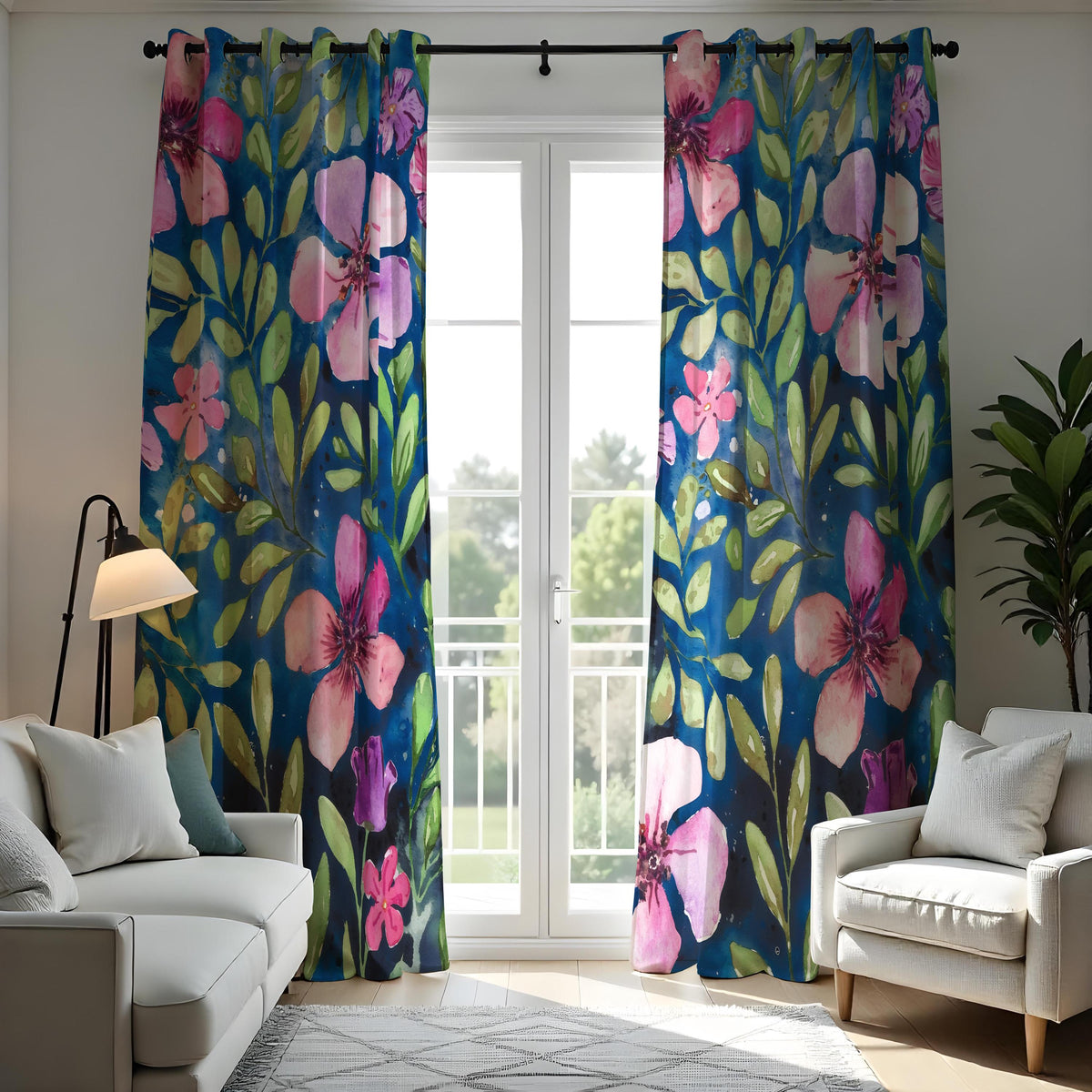 Navy Pink Watercolor Floral Curtains, Botanical Drapes