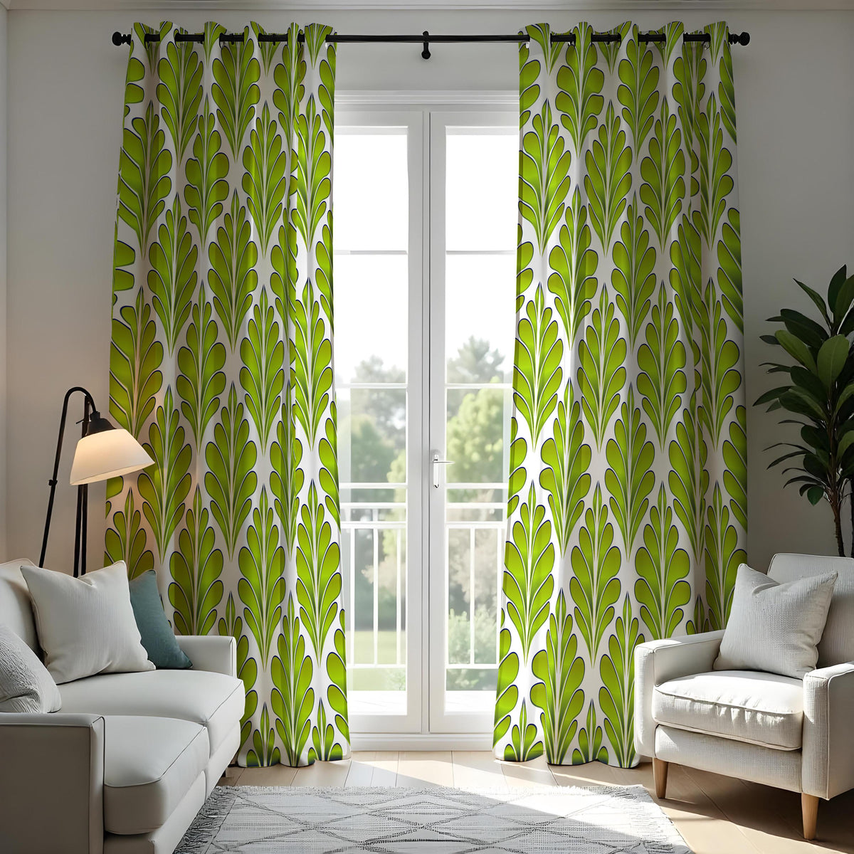 Green Retro Leaf Curtains, Modern Botanical Custom Drapes