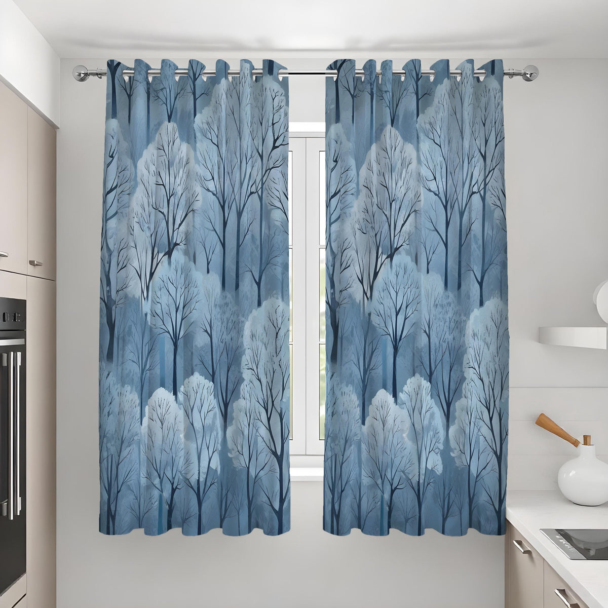 Blue Snowy Forest Curtains, Winter Woodland Tree Drapes