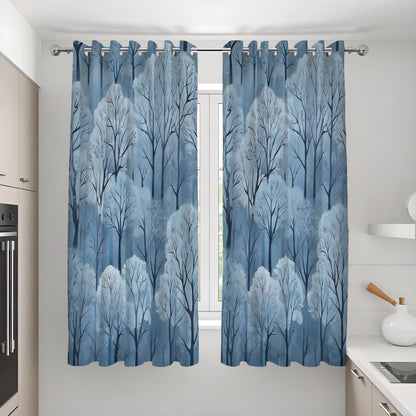 Blue Snowy Forest Curtains, Winter Woodland Tree Drapes