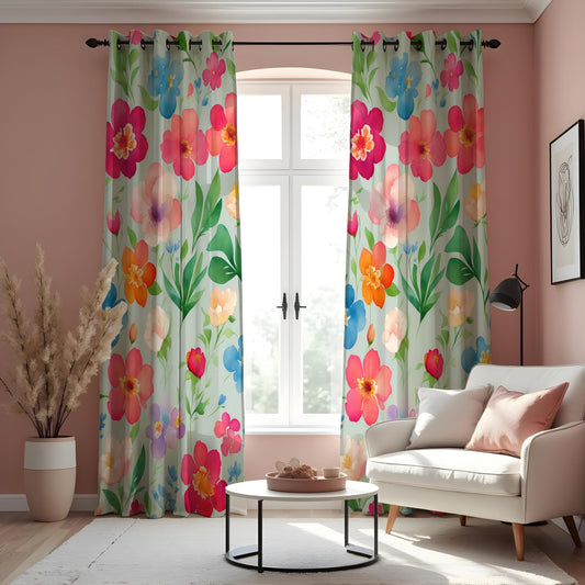 Pink Blue Orange Watercolor Floral Curtains, Garden Drapes