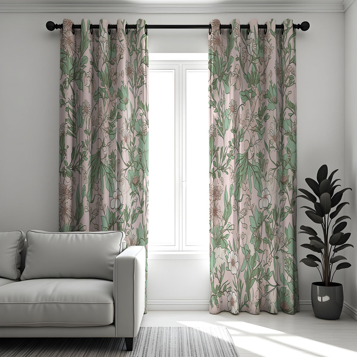 Green & Beige Botanical Line Art Curtains, Leaf Print Drapes