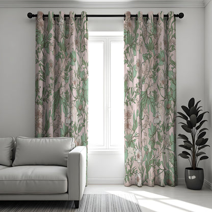 Green & Beige Botanical Line Art Curtains, Leaf Print Drapes