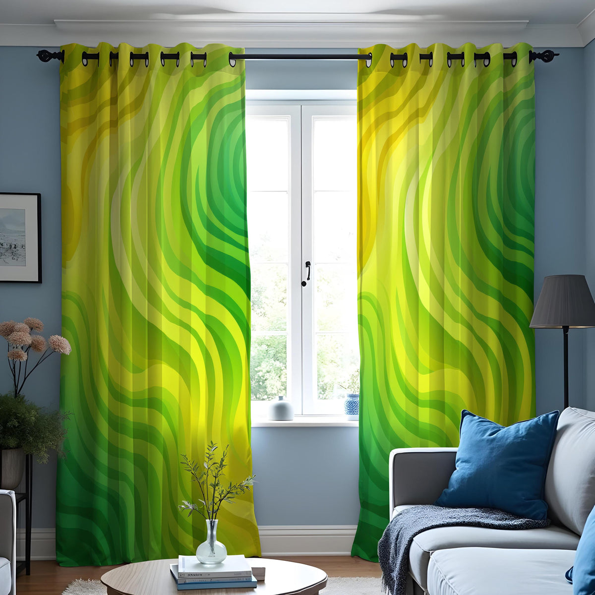 Green Yellow Wave Curtains, Modern Abstract Window Drapes