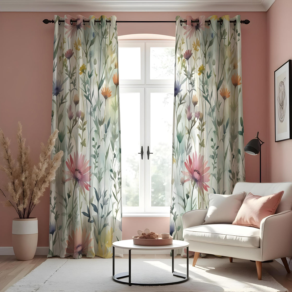 Watercolor Floral Botanical Curtains, Calm Nature Drapes