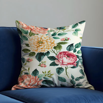 Peony Dahlia Cushion Cover, Blush & Yellow Flowers Throw Pillow Cover