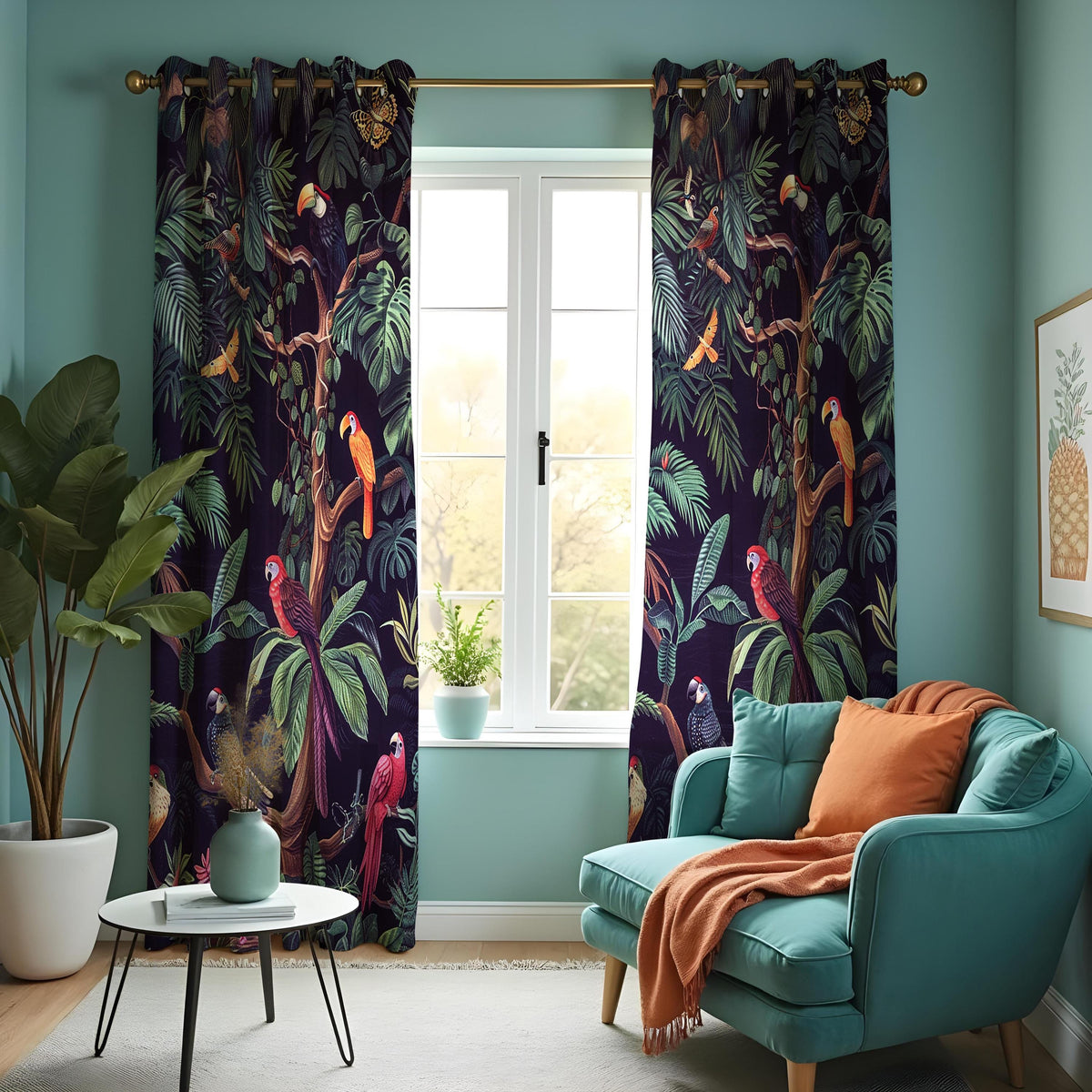Tropical Parrot Curtains, Dark Jungle Bird & Leaf Drapes