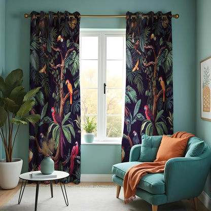 Tropical Parrot Curtains, Dark Jungle Bird & Leaf Drapes