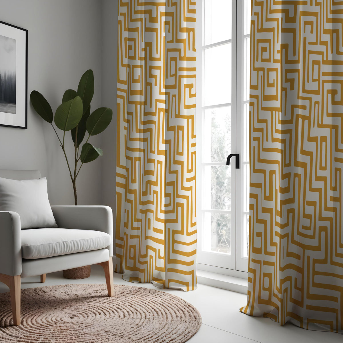 Mustard Yellow Maze Curtains, Abstract Geometric Drapes