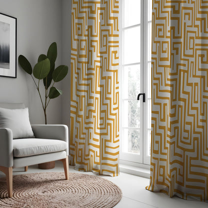 Mustard Yellow Maze Curtains, Abstract Geometric Drapes