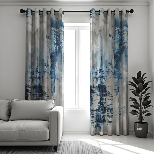 Blue Brushstroke Art Curtains, Contemporary Abstract Drapes