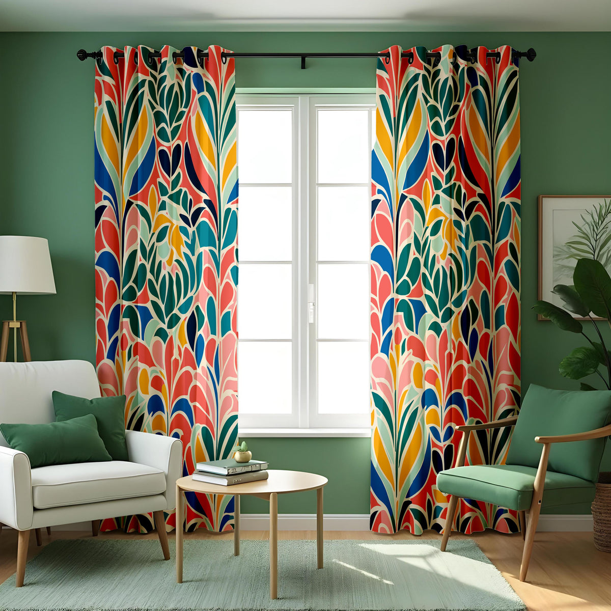 Colorful Abstract Leaf Curtains, Retro Botanical Drapes