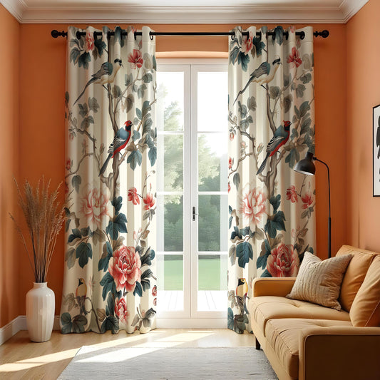 Chinoiserie Bird Curtains, Floral Botanical Custom Drapes