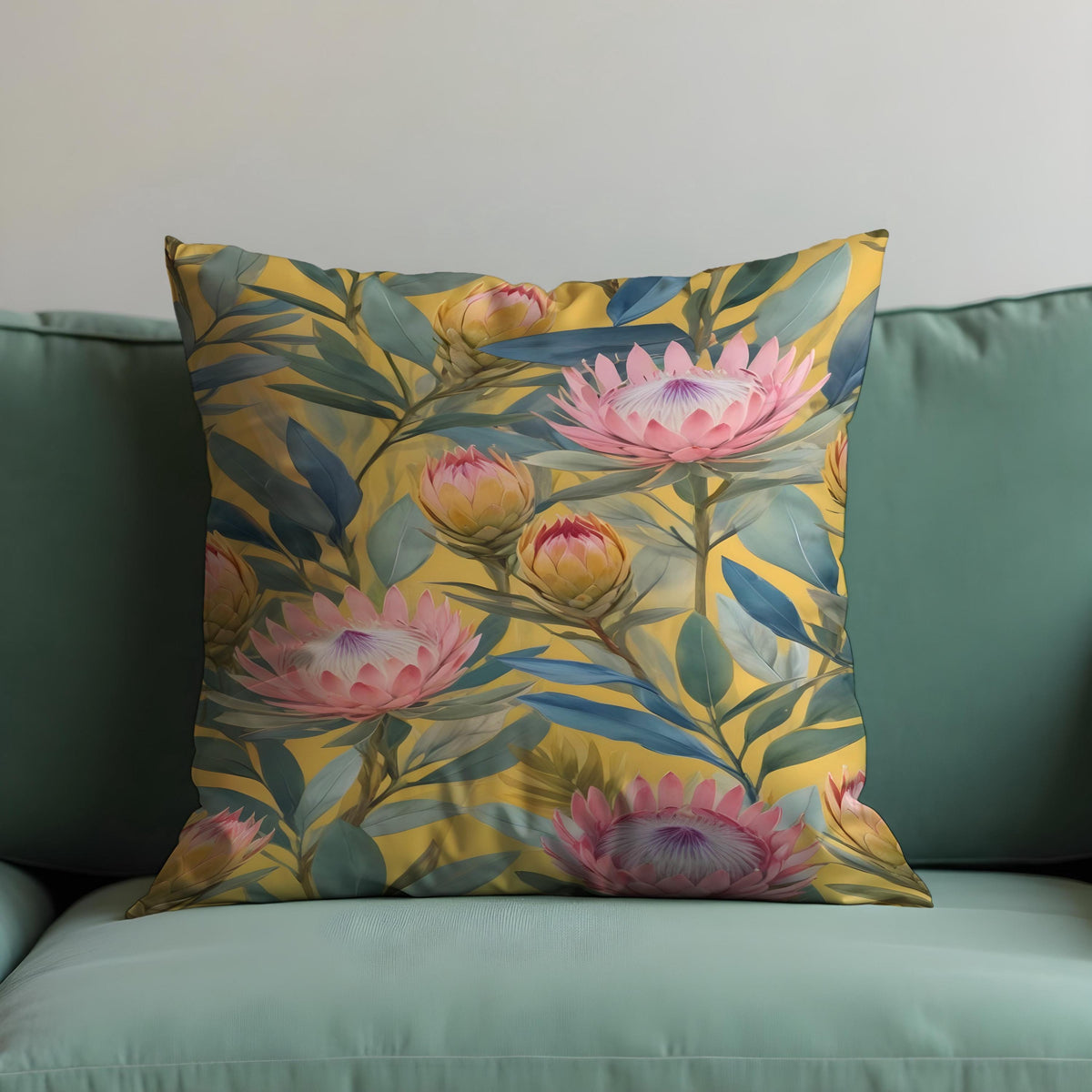 Yellow Floral Cushion Cover, Pink Protea Pillow Case