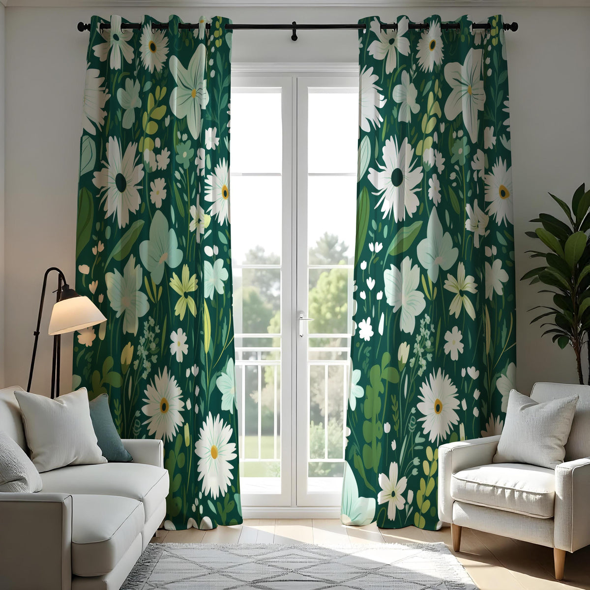 Dark Green Daisy Curtains, White Wildflower Botanical Drapes