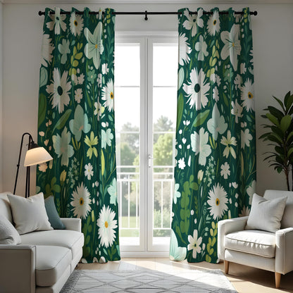 Dark Green Daisy Curtains, White Wildflower Botanical Drapes