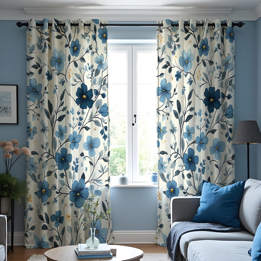 Navy & Sky Blue Botanical Curtains, Floral Print Drapes