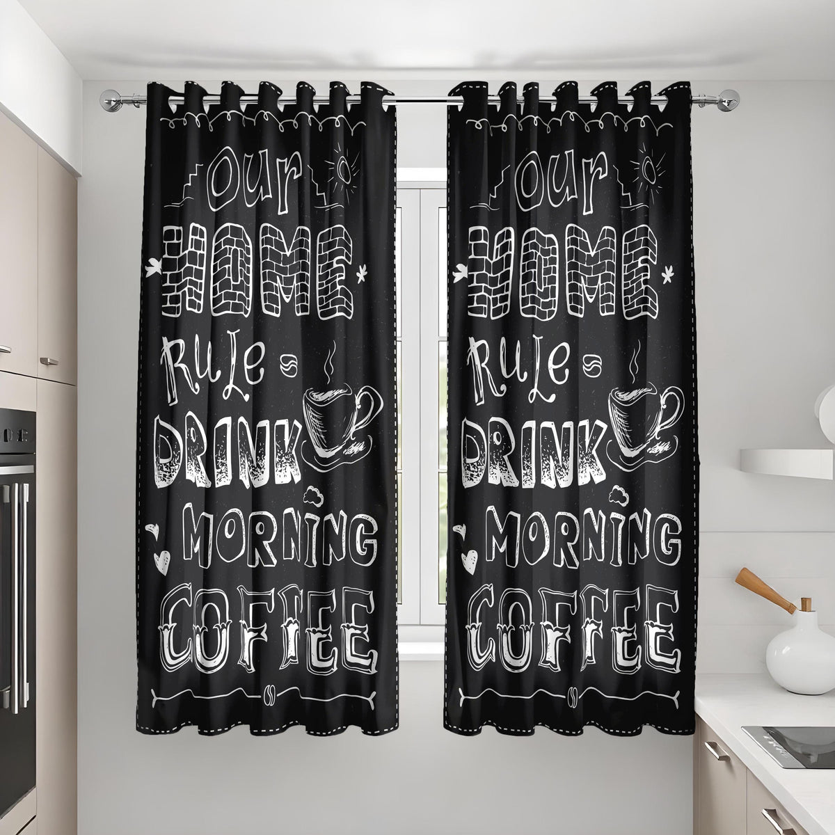 Black Coffee Kitchen Curtains, Funny Quote Cafe Drapes