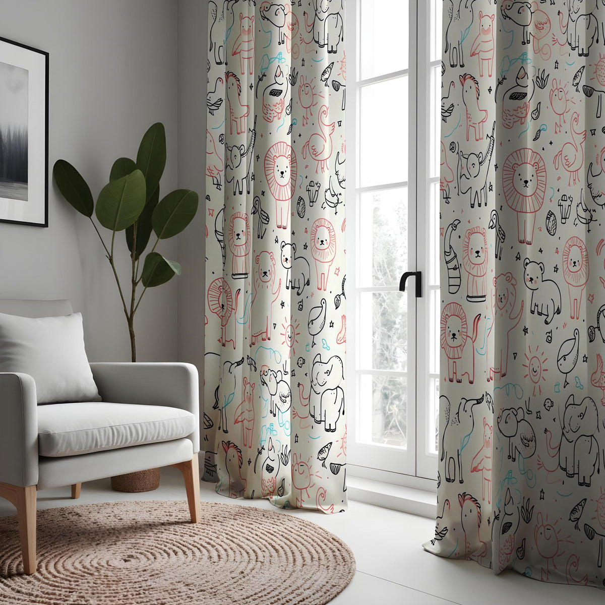 Whimsical Safari Animal Curtains, Kids Jungle Zoo Drapes