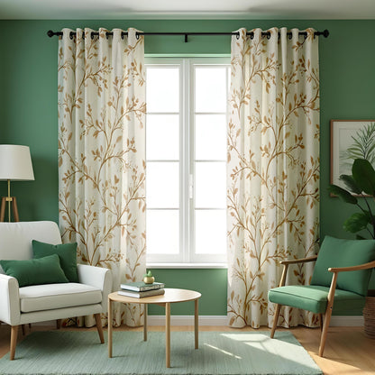 Beige Leaf & Branch Curtains, Neutral Botanical Drapes