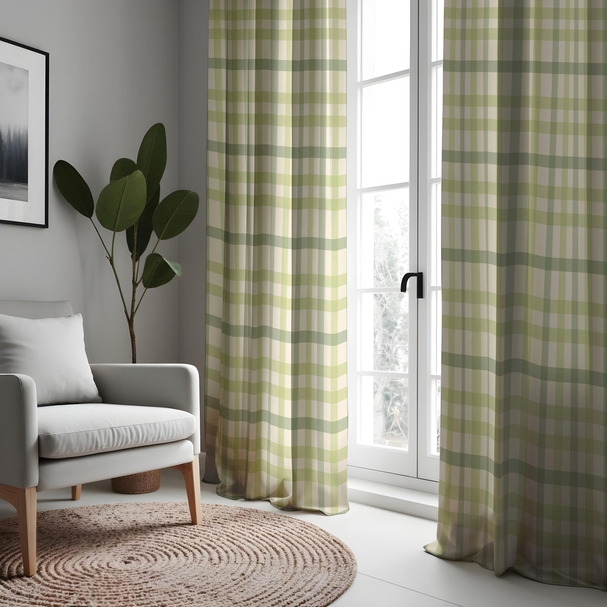 Green Gingham Plaid Curtains, Farmhouse Kitchen Drapes