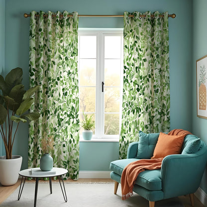 Green Leaf Botanical Curtains, Tropical Print Custom Drapes