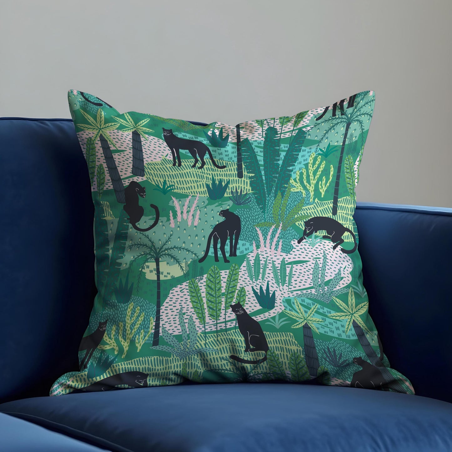 Jungle Panther Cushion Cover, Green Tropical Safari Pillow Cover
