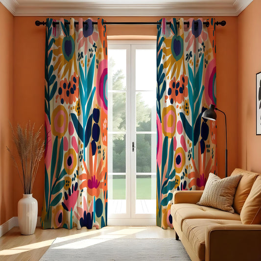 Bold Colorful Floral Curtains, Boho Abstract Flower Drapes