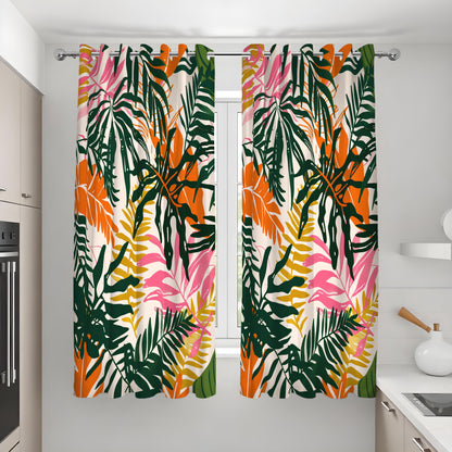 Green Tropical Leaf Curtains, Orange & Pink Botanical Drapes