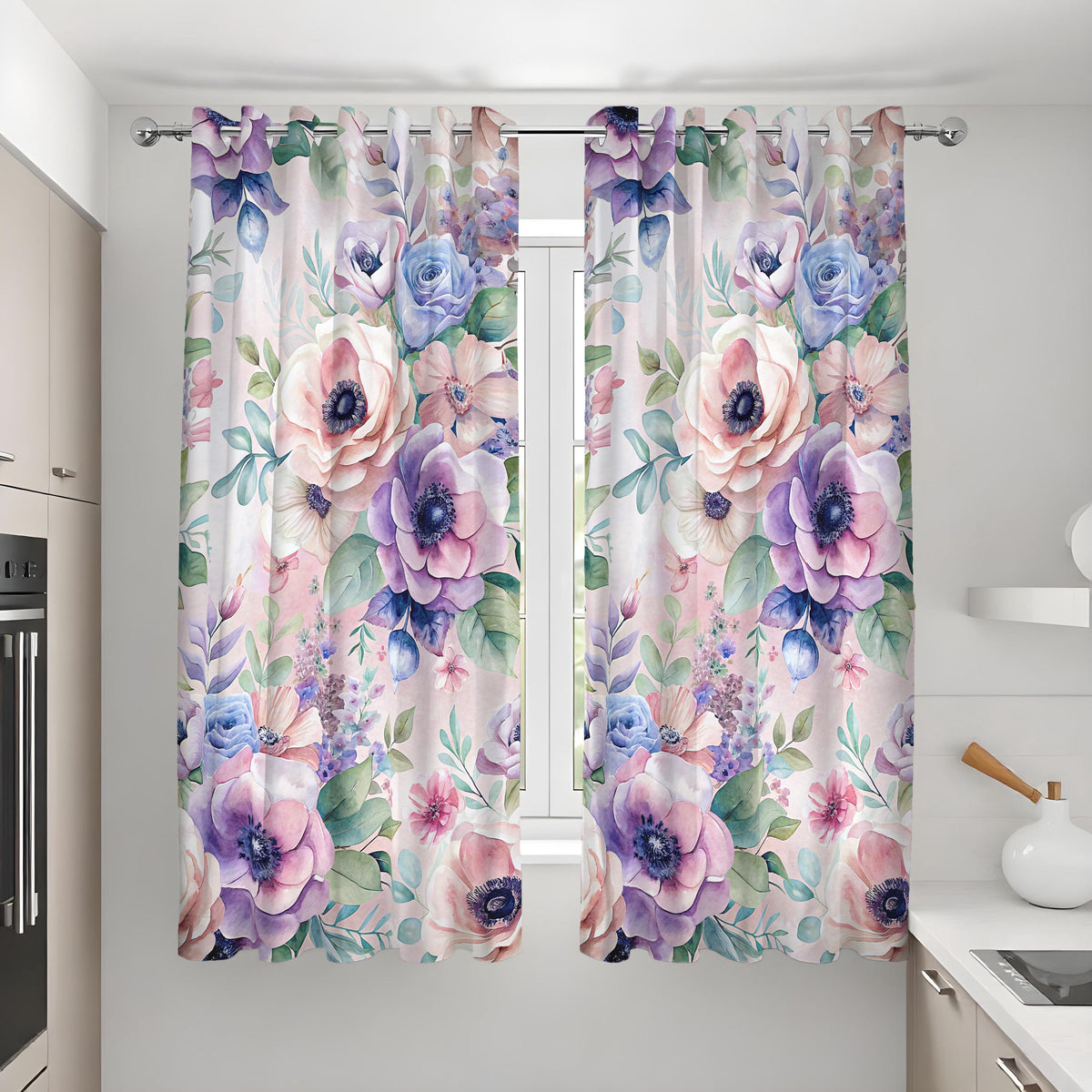 Purple & Blue Peony Curtains, Watercolor Floral Drapes
