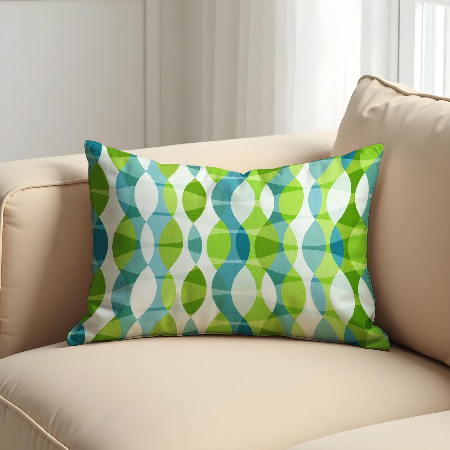 Mid-Century Modern Cushion Cover, Blue & Green Retro Wave Pillow Cover