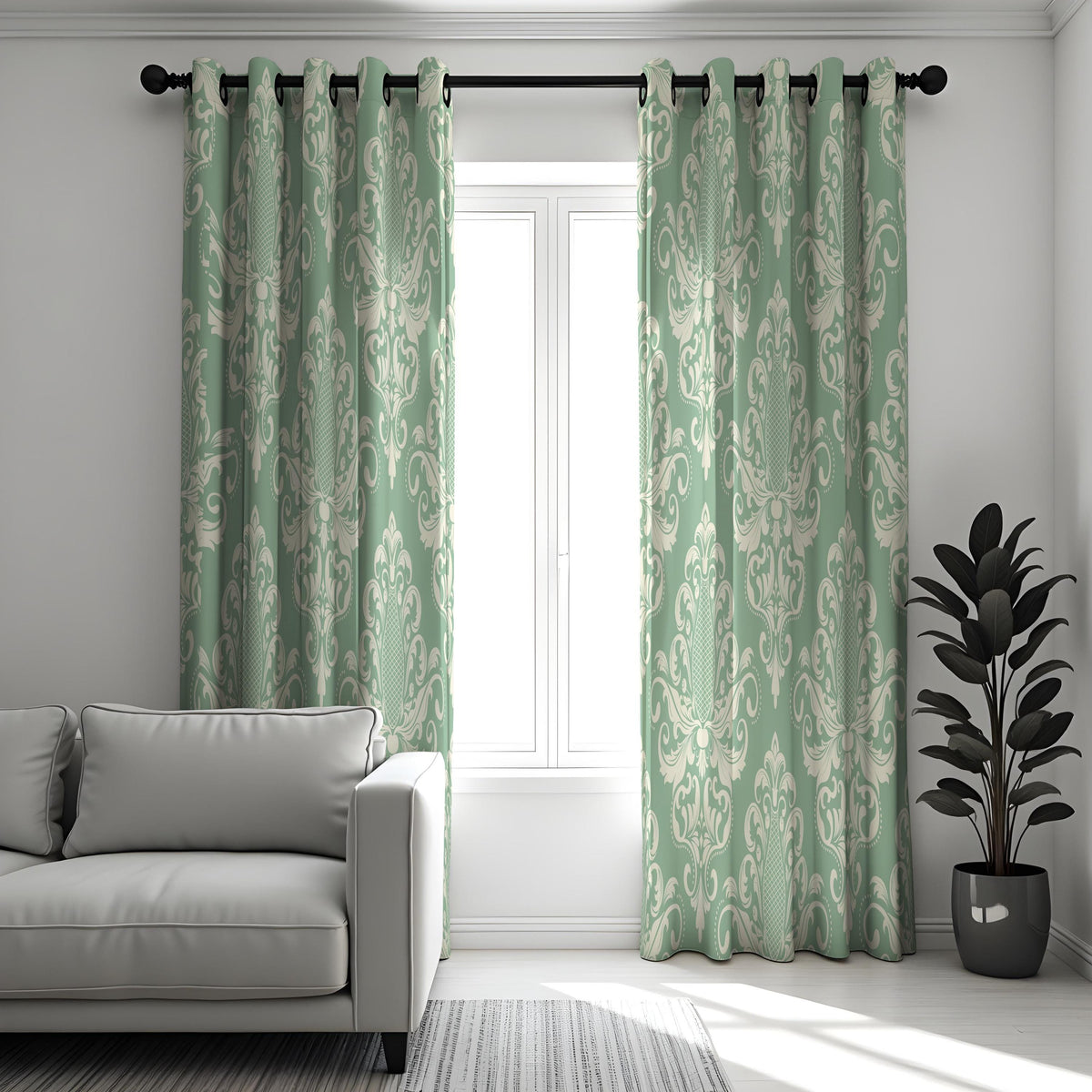 Green Damask Curtains, Traditional Ornate Custom Drapes
