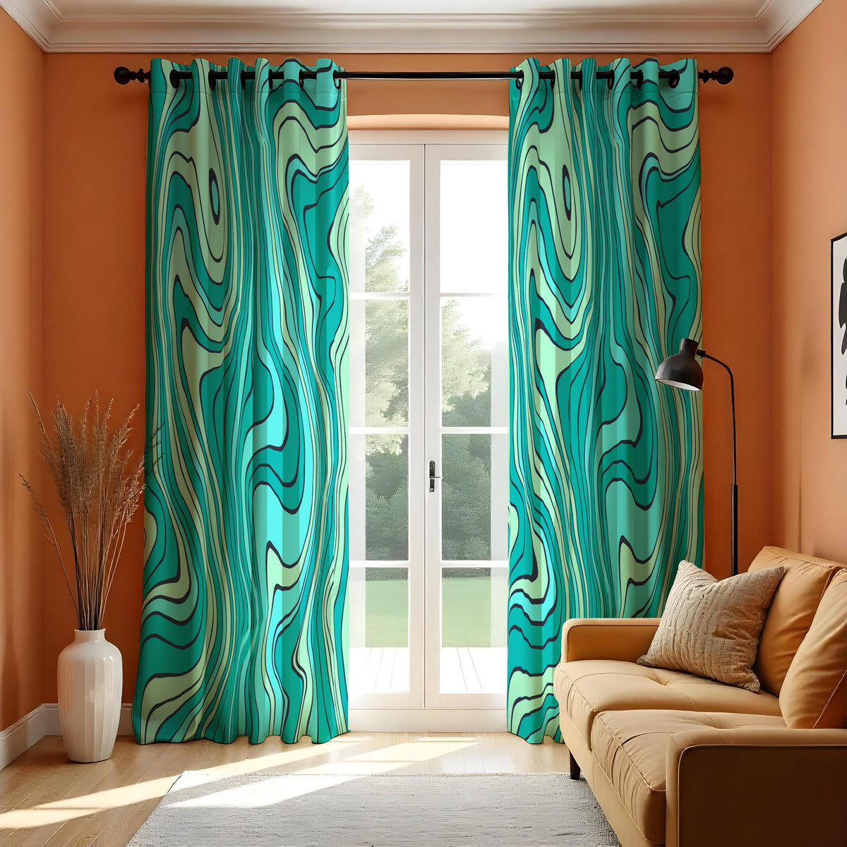 Turquoise Wavy Curtains, Aqua Green Abstract Pattern Drapes