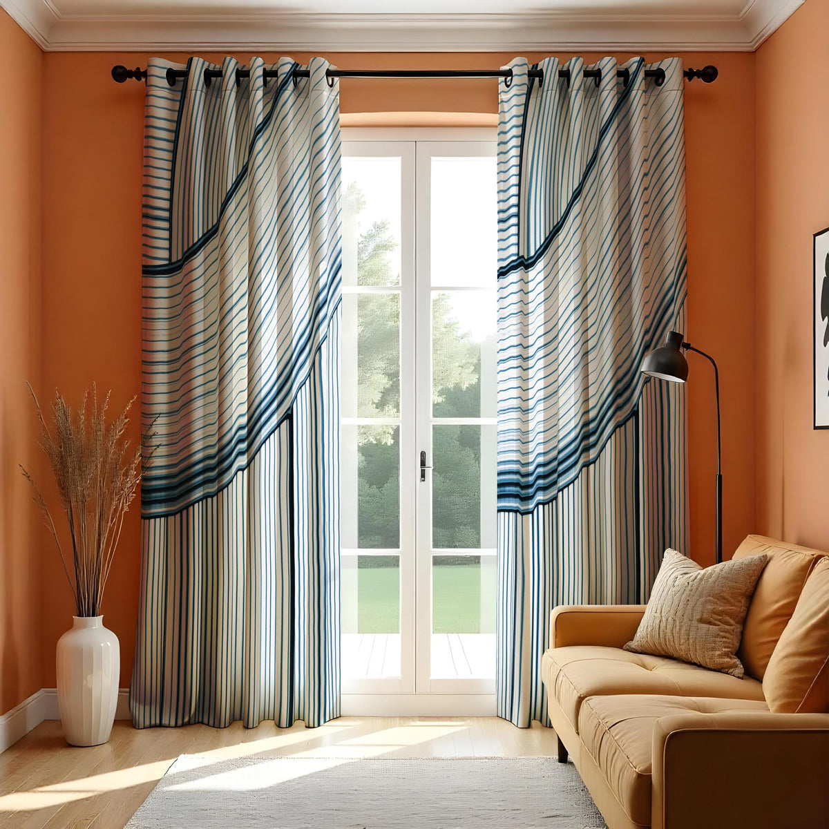 Navy & White Wave Stripe Curtains, Modern Minimalist Drapes