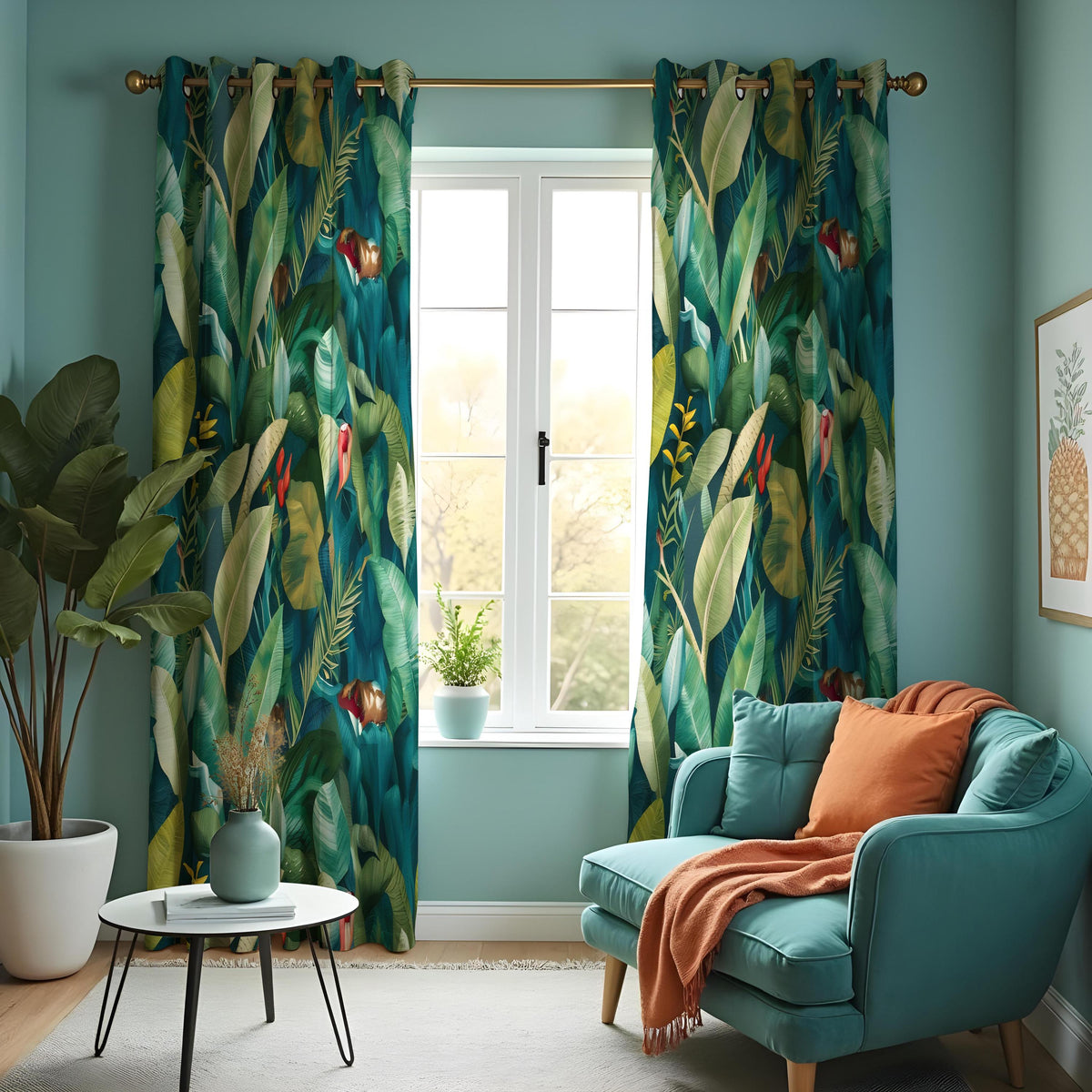 Green Palm Leaf Curtains, Tropical Jungle Botanical Drapes