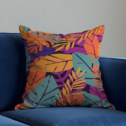 Tropical Leaf Cushion Cover, Orange & Green Botanical Print Pillow Case