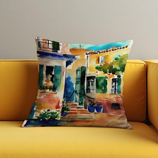 Mediterranean House Cushion Cover, Watercolor Village Scene Pillowcase