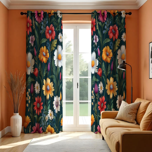 Dark Floral Curtains, Pink Yellow & White Flower Drapes