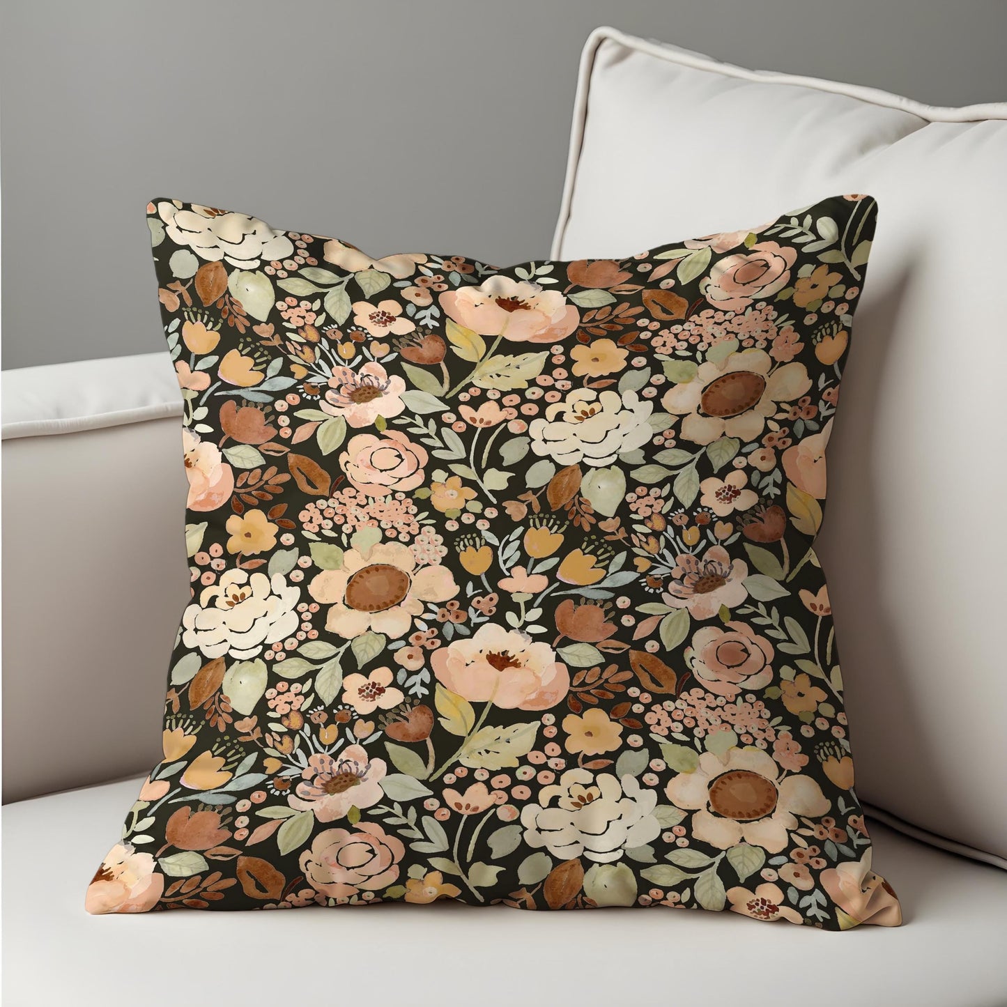 Autumn Floral Cushion Cover, Warm Beige, Blush & Brown Flowers Pillow Case