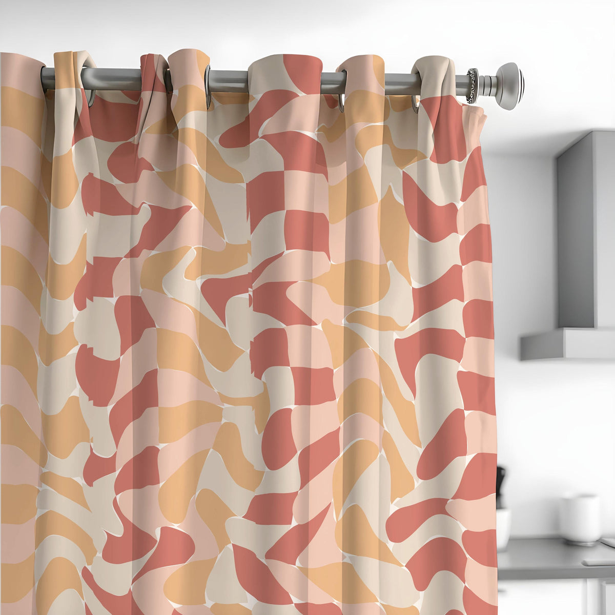 Retro Wavy Geometric Curtains, Mid Century Abstract Drapes