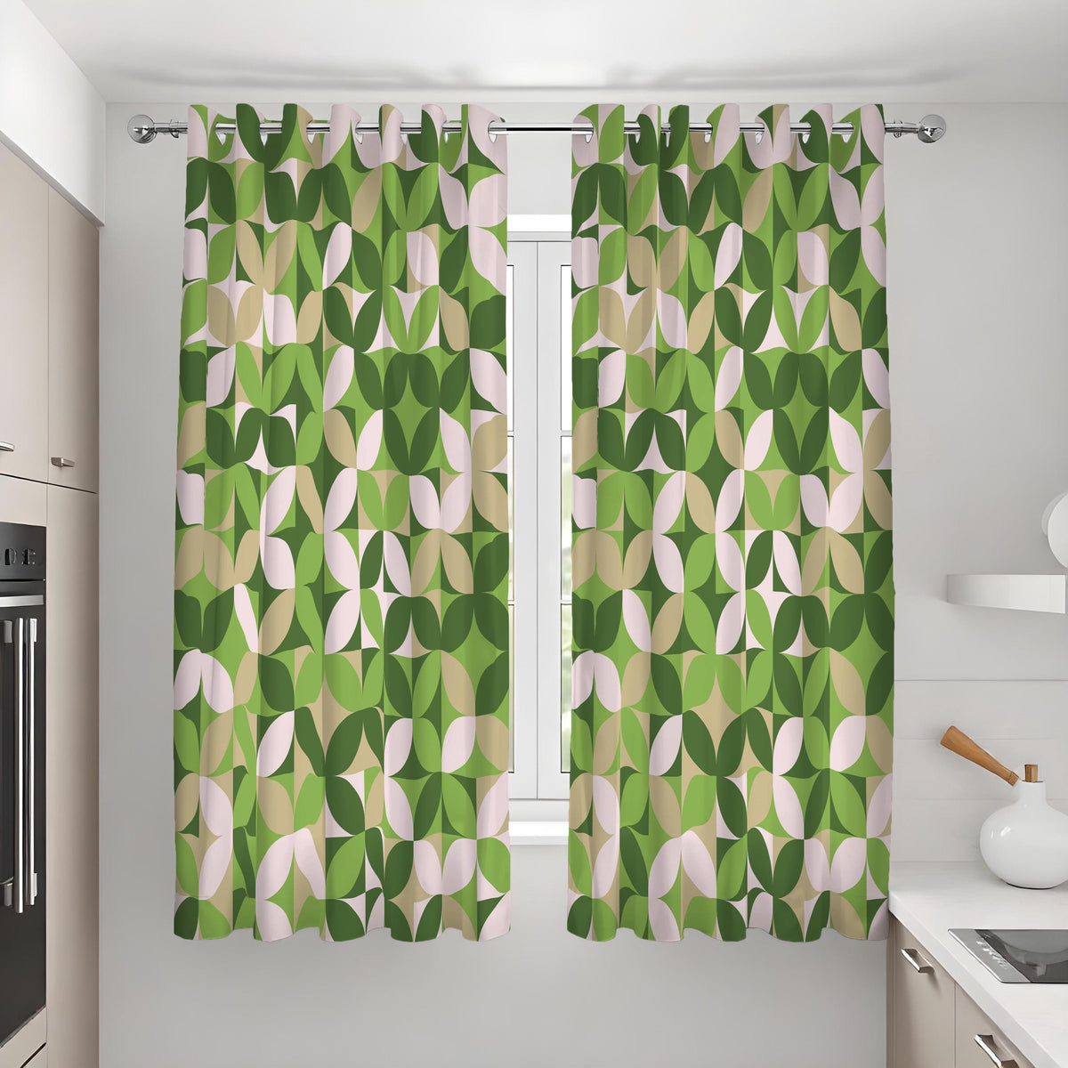 Green Retro Geometric Curtains, Mid Century Custom Drapes