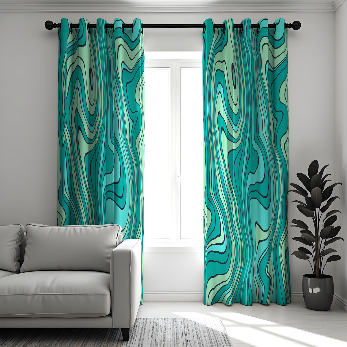Turquoise Wavy Curtains, Aqua Green Abstract Pattern Drapes