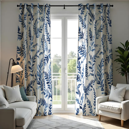 Blue Watercolor Leaf Curtains, Botanical Nature Drapes