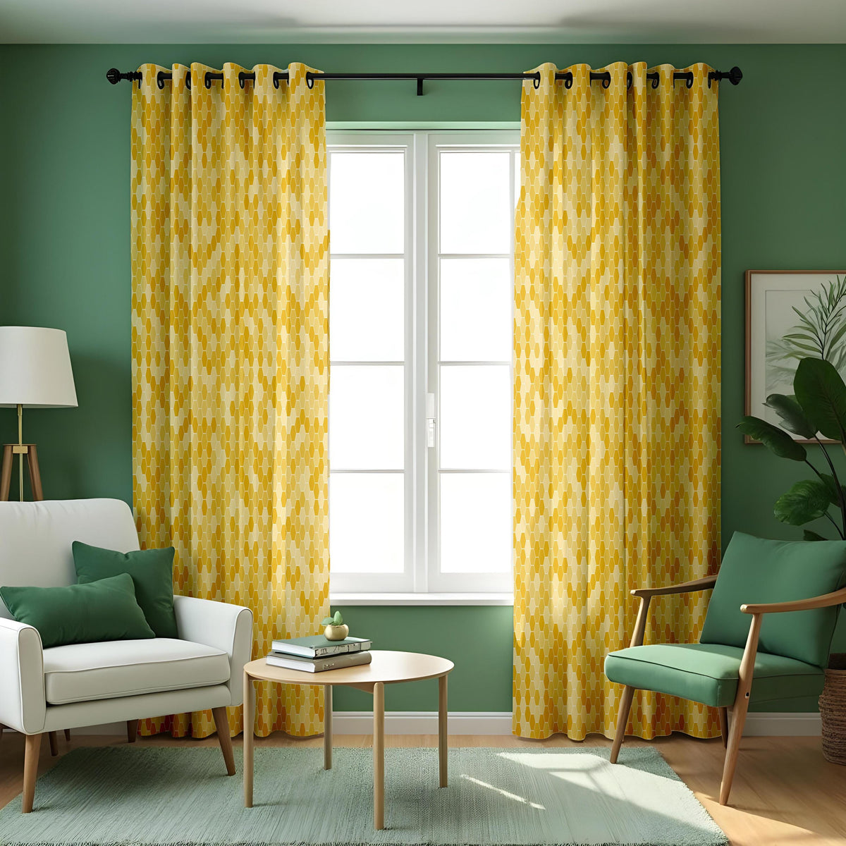 Yellow Honeycomb Curtains, Hexagon Geometric Window Drapes