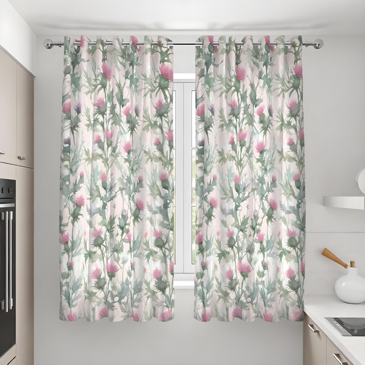 Green Botanical Curtains, Pink Flower Print Window Drapes