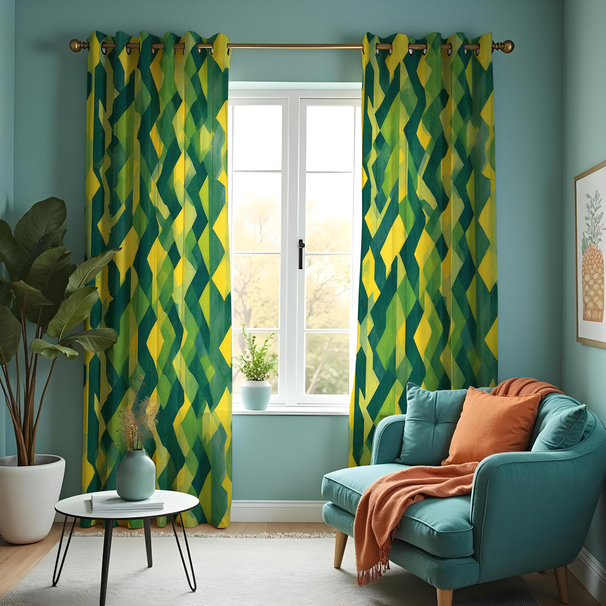 Yellow Green Geometric Curtains, Modern Abstract Drapes