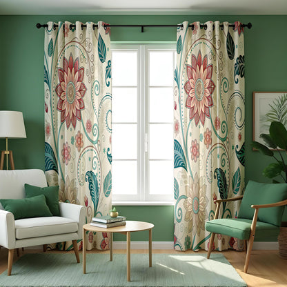 Teal & Pink Mandala Floral Curtains, Boho Window Drapes
